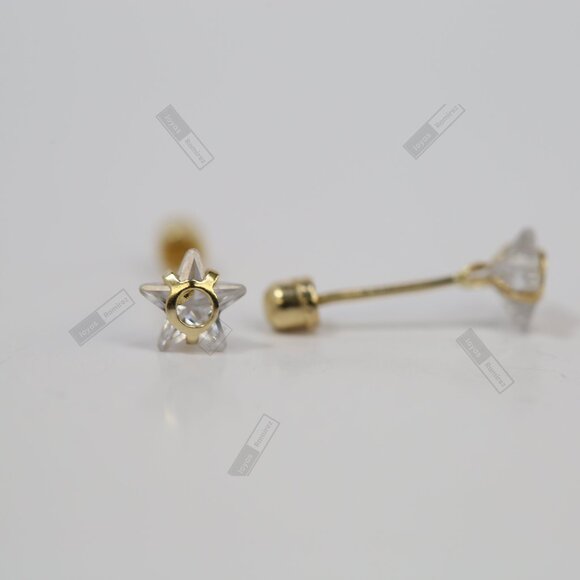 14K Solid Gold Clear Star Stud Earrings • Faceted Crystal Look. - Picture 4 of 8